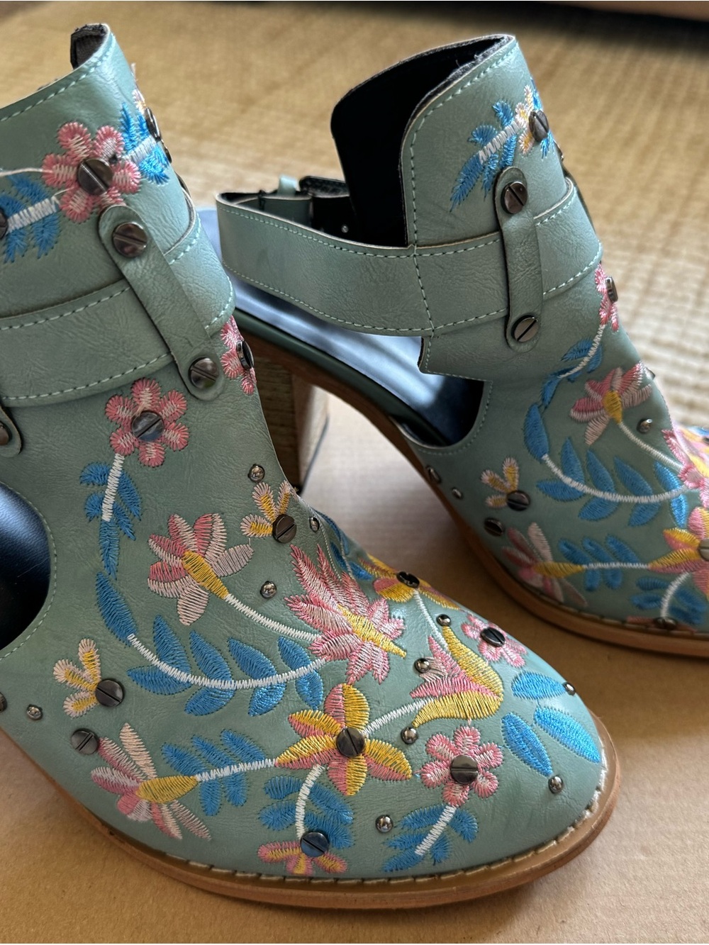 Embroidered Floral Ankle Booties in Teal with Stud Accents - Picture 2 of 3
